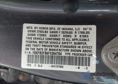 2015 Honda Civic Ex z USA, uszkodzony, nr VIN 19XFB2F86FE064704